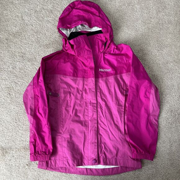 Marmot Rain Jacket Girls Small Pink Colorblock Waterproof Hooded Outdoors Pocket - Picture 1 of 6